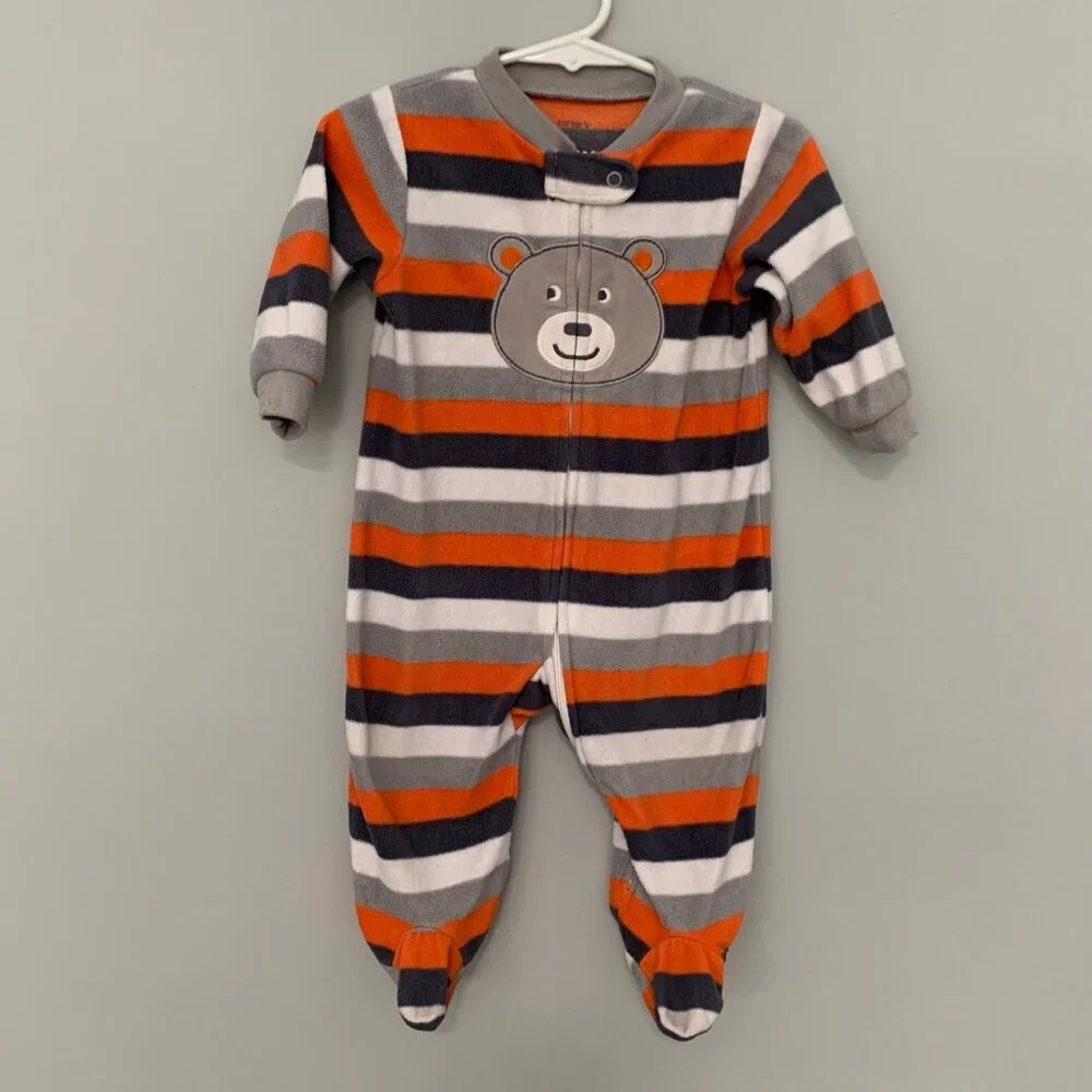 Carters Baby Boy‎ 9M Fleece Footed Sleeper Orange Blue Grey Striped Bear Pajamas